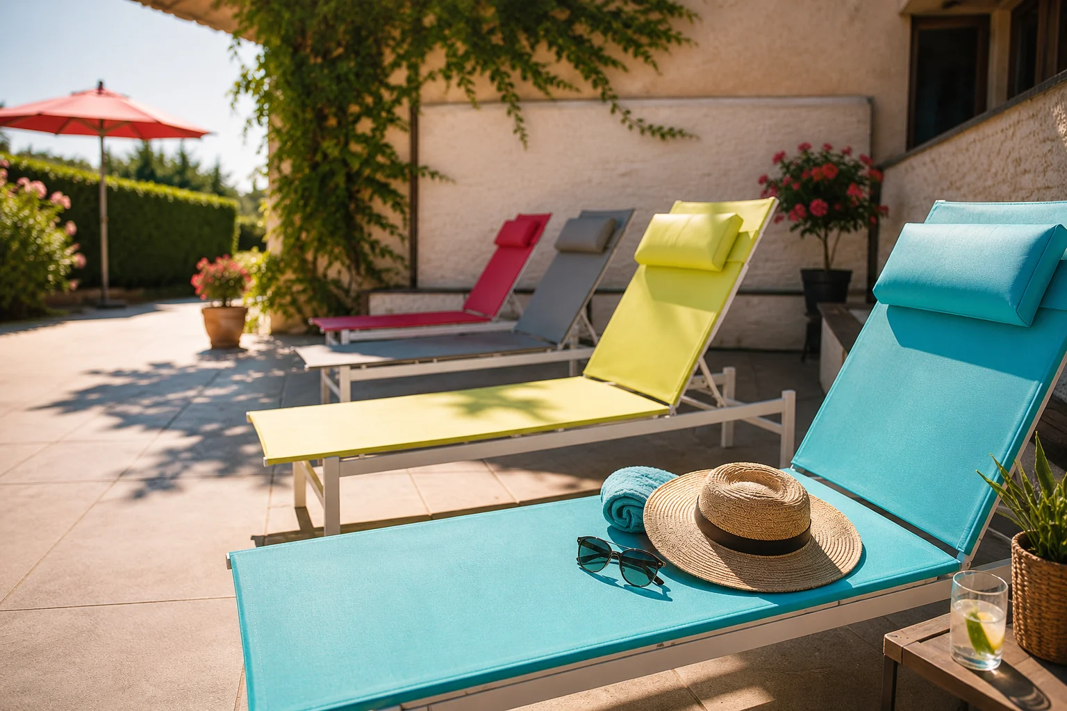 Transats colorés sur la terrasse du gîte