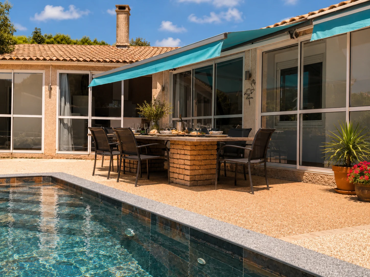 Terrasse du gîte donnant sur la piscine