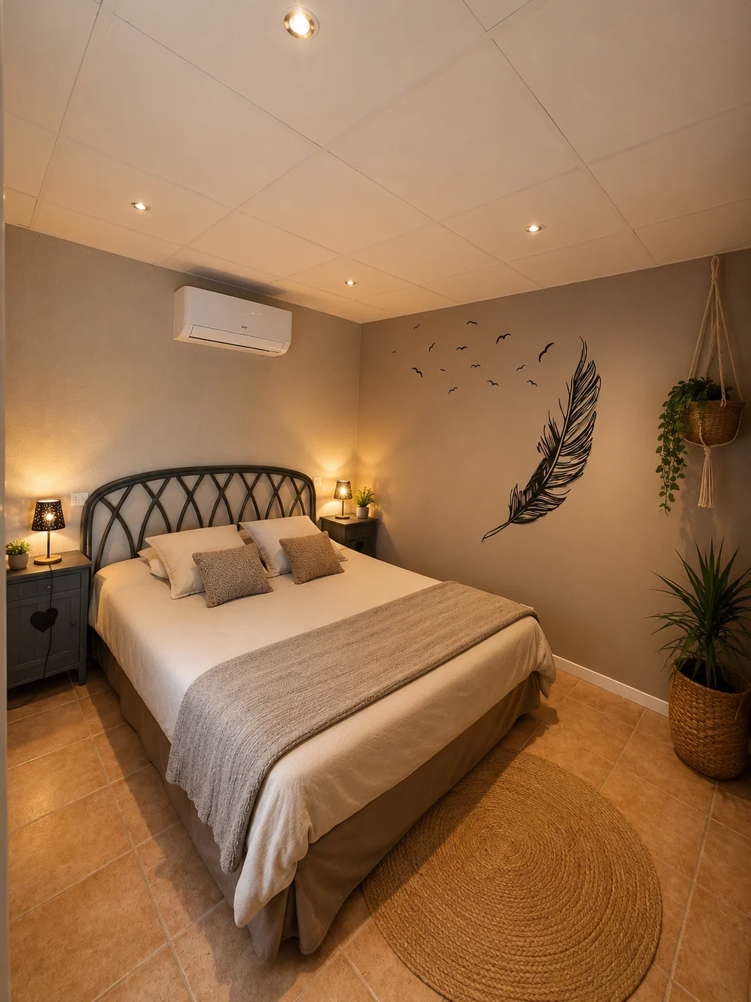 Chambre avec lit double et décoration murale